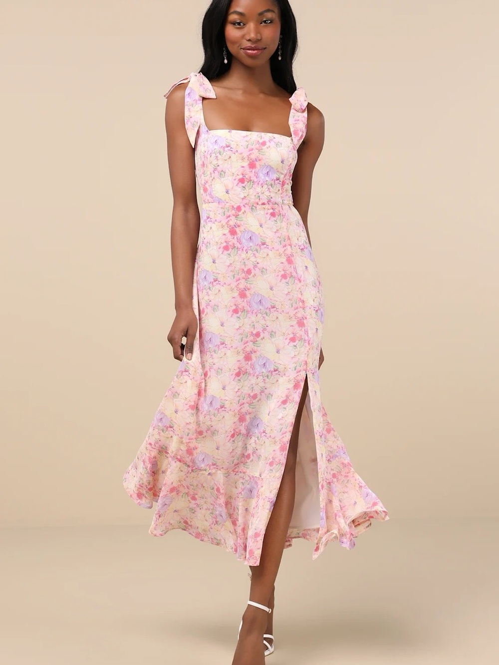 Lulu's Pastel Pink Floral Tie-Shoulder Midi Dress